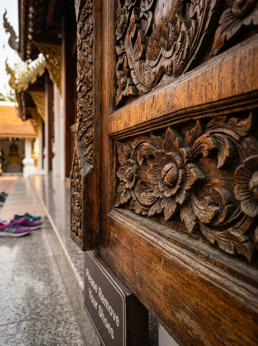 Intricately carved wooden threshold of Doi Suthep Temple Intricately carved wooden threshold of Doi Suthep Temple
