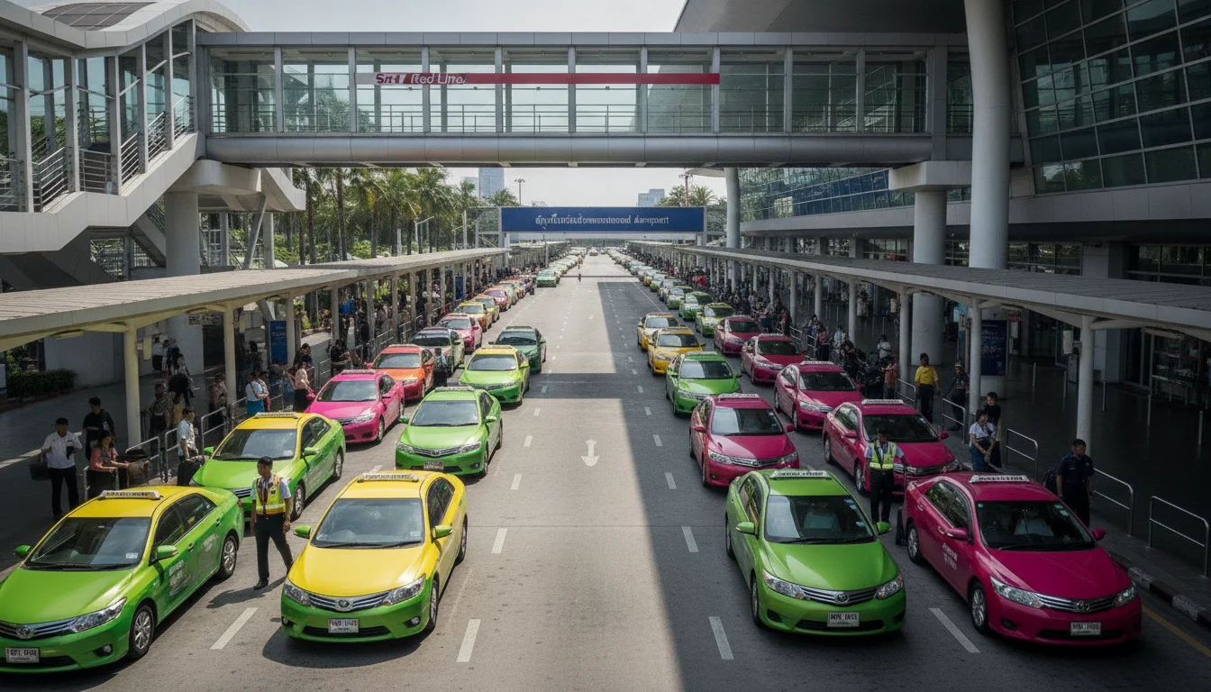 Don Mueang Airport Ground Level Taxi Queue and SRT Skywalk