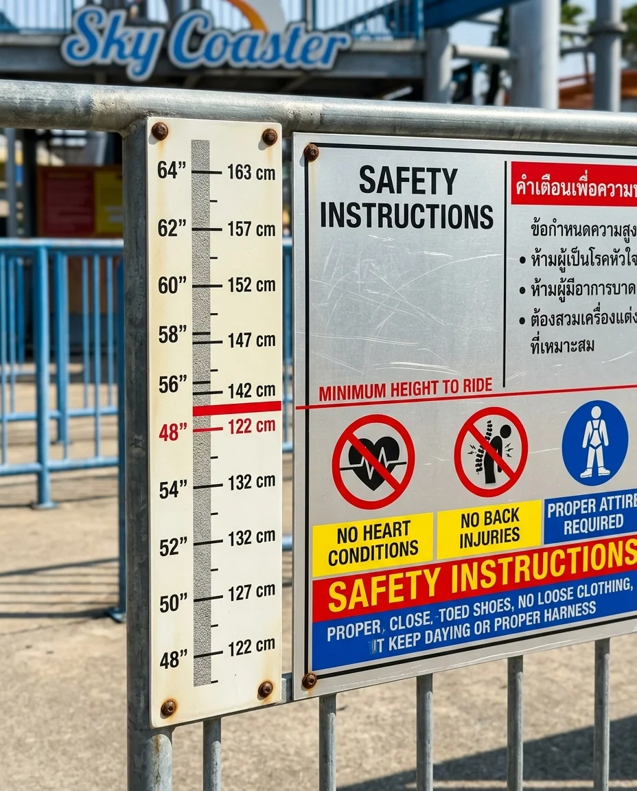 Sky Coaster height measuring board and safety signage