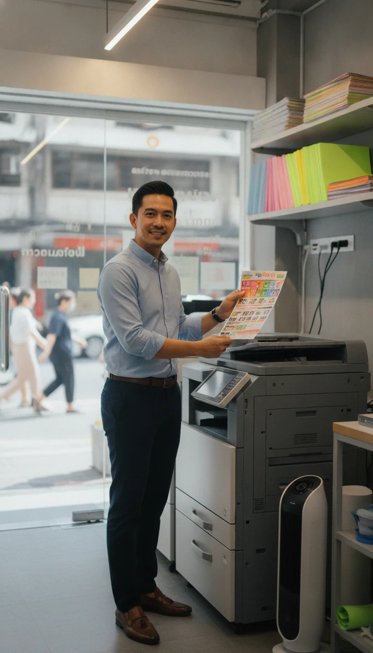 Expatriate man in a Thai print shop Expatriate man in a Thai print shop