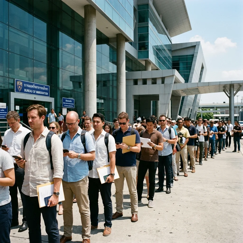 a diverse queue of expats and international students a diverse queue of expats and international students
