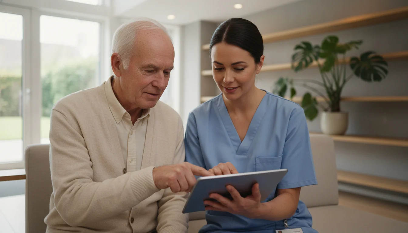 nurse and senior gentleman with tablet nurse and senior gentleman with tablet