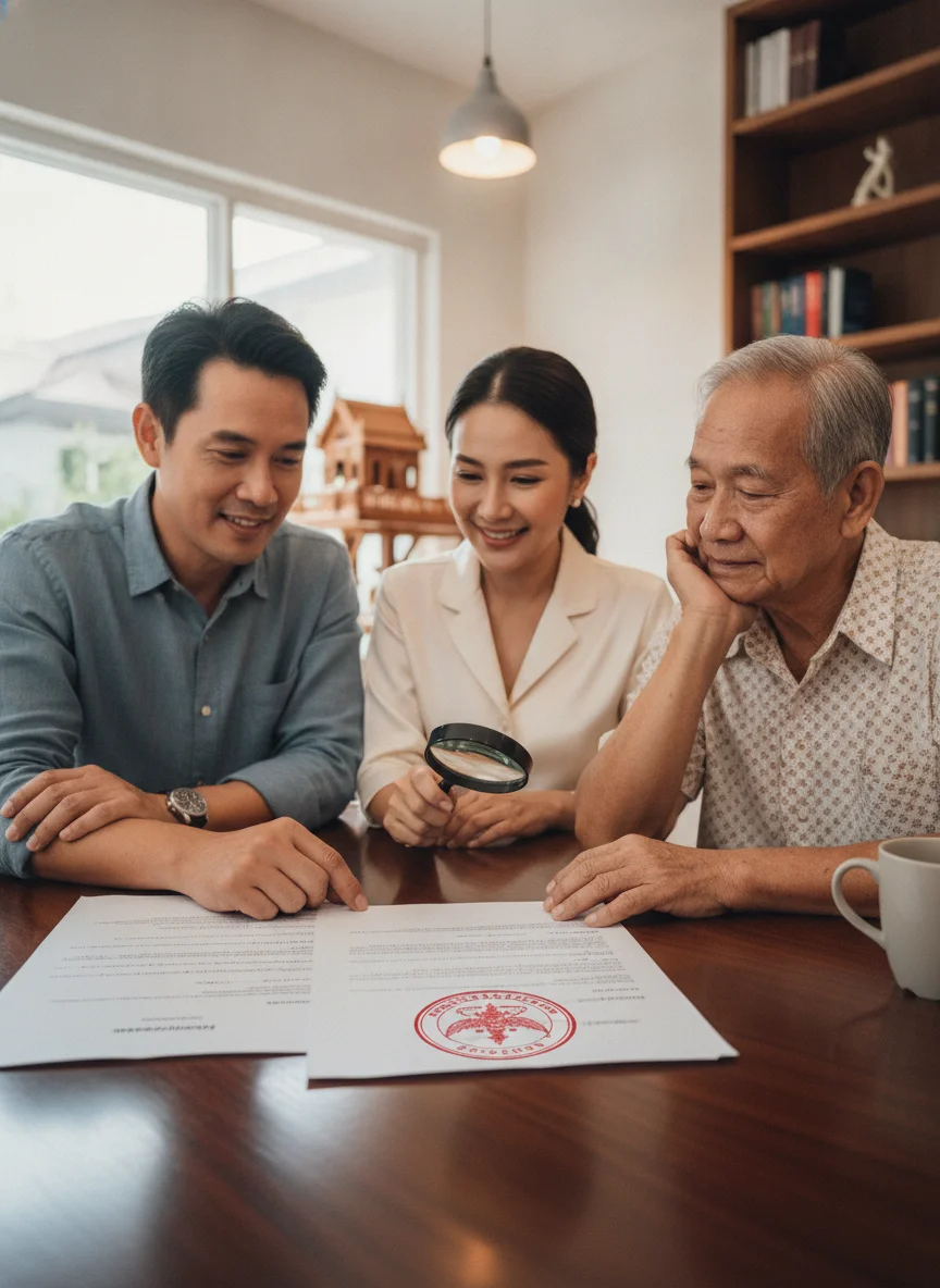 Thai family reviewing a legal contract Thai family reviewing a legal contract