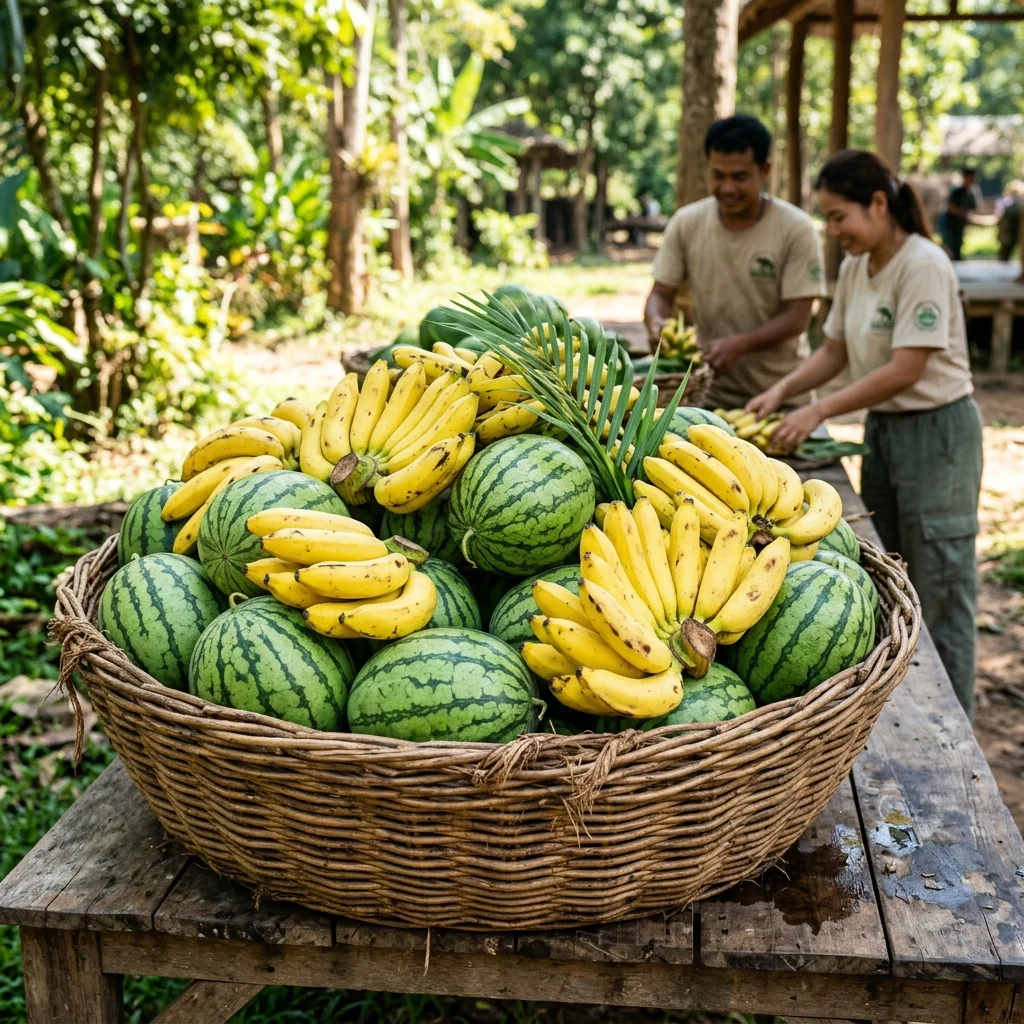 Wicker basket of fruit for elephants Wicker basket of fruit for elephants
