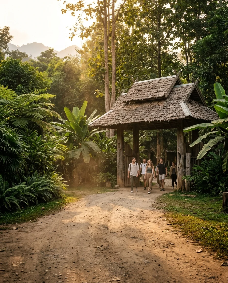 Elephant Nature Park entrance path and welcome pavilion Elephant Nature Park entrance path and welcome pavilion