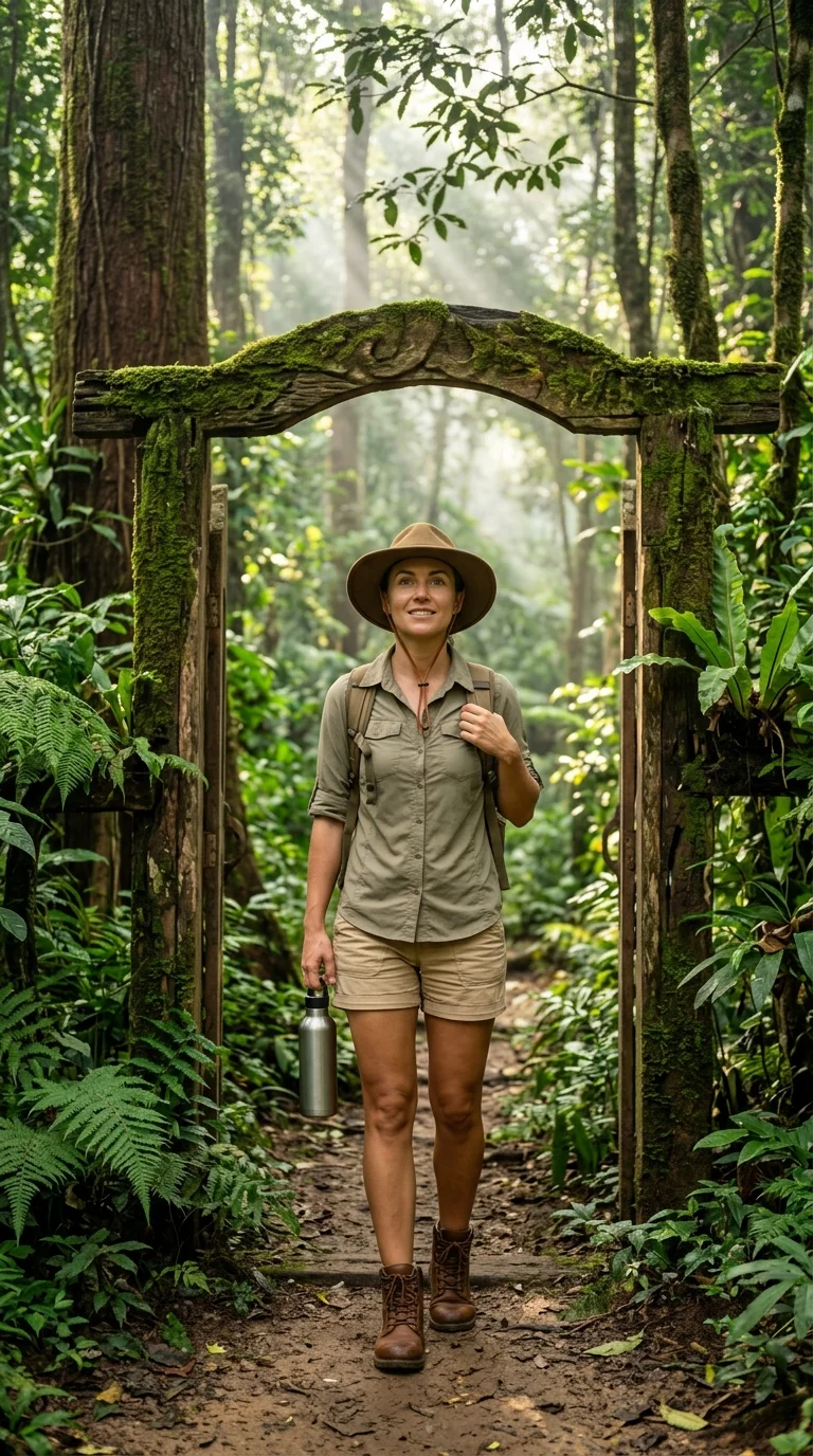 Adventurous tourist at sanctuary entrance Adventurous tourist at sanctuary entrance