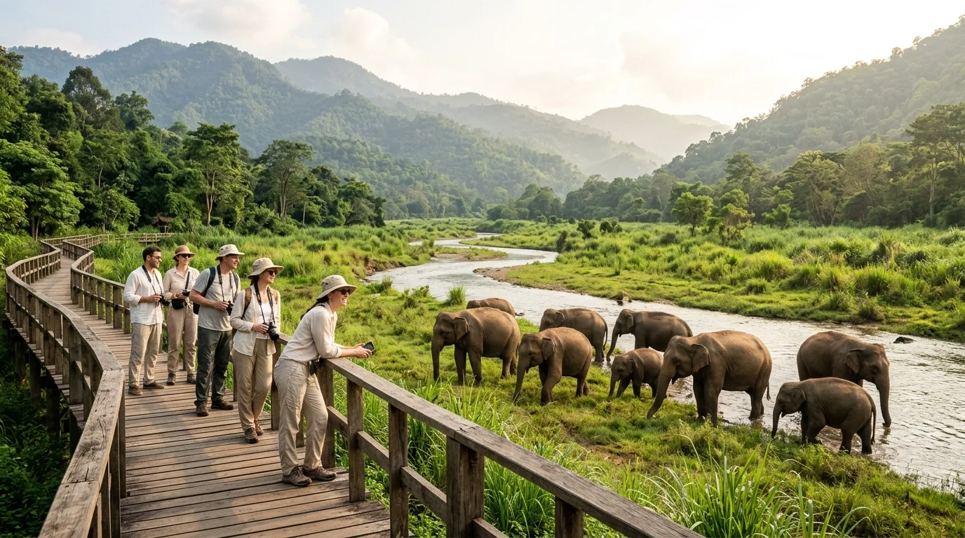 Free-roaming Asian elephants and eco-tourists Free-roaming Asian elephants and eco-tourists