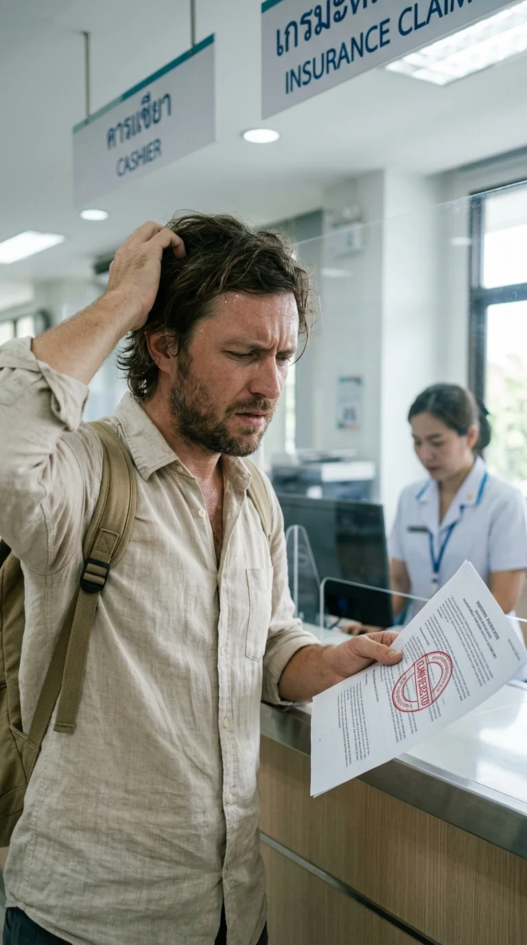 Distressed Western traveller at a hospital counter Distressed Western traveller at a hospital counter