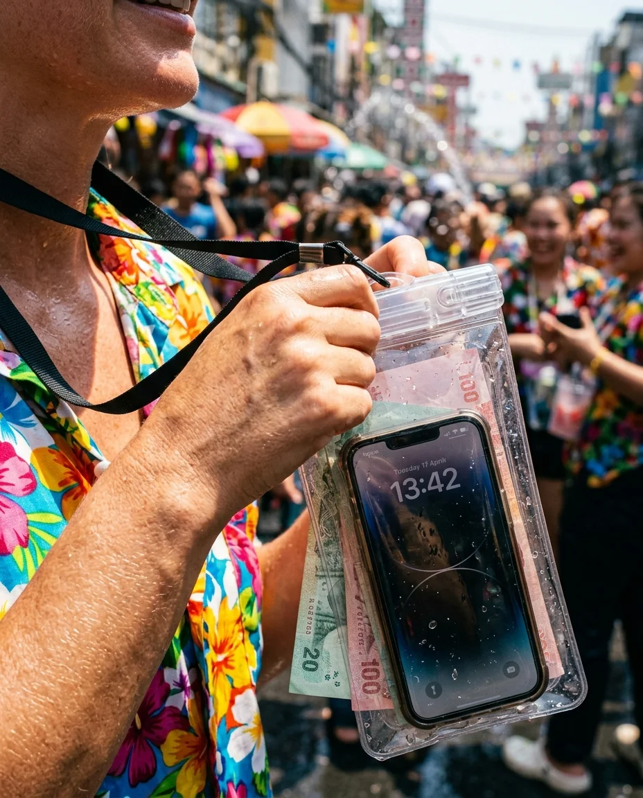 A sun-kissed tourist's hand holding a waterproof pouch A sun-kissed tourist's hand holding a waterproof pouch