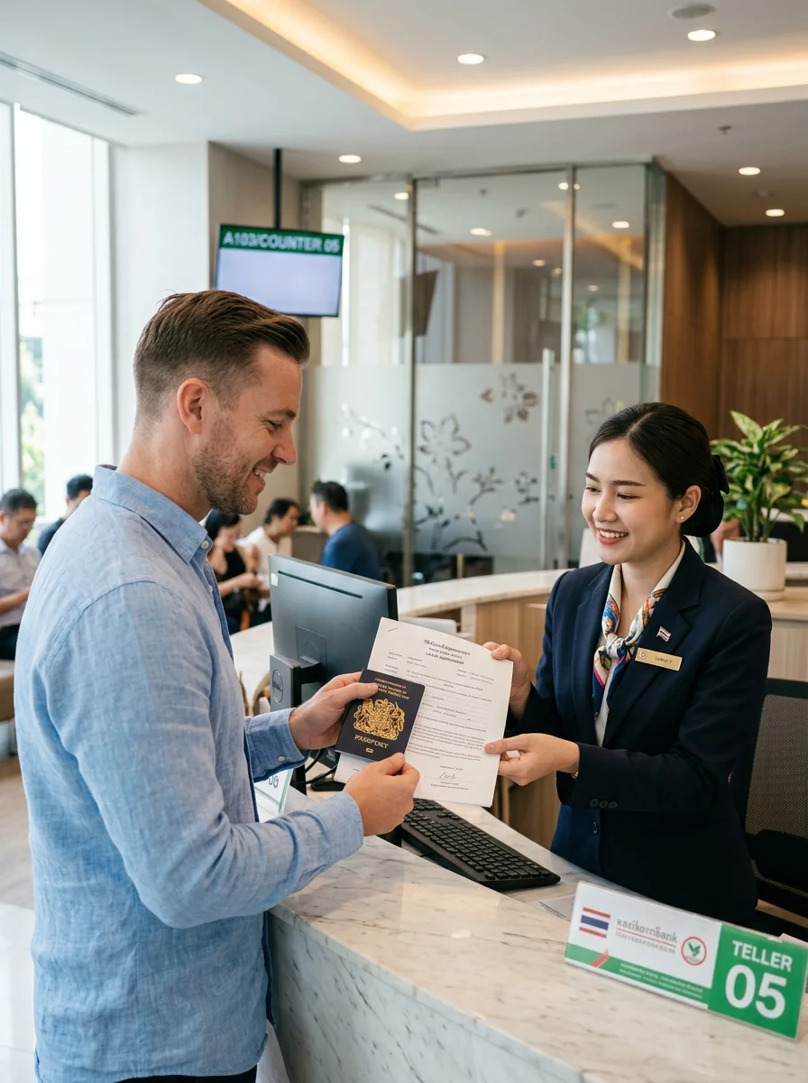 Expat customer and Thai bank teller transaction Expat customer and Thai bank teller transaction