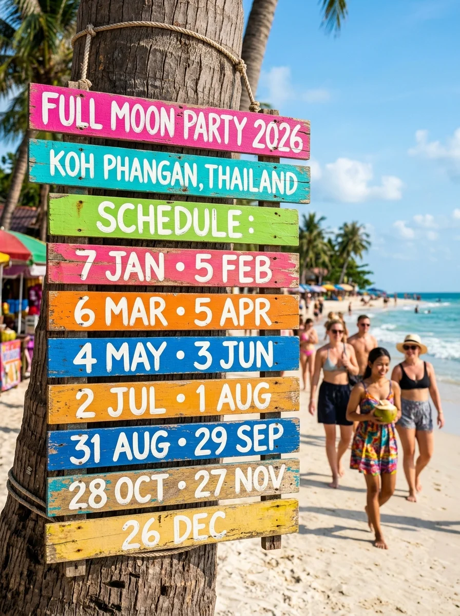 Hand-painted wooden Full Moon Party 2026 schedule sign Hand-painted wooden Full Moon Party 2026 schedule sign