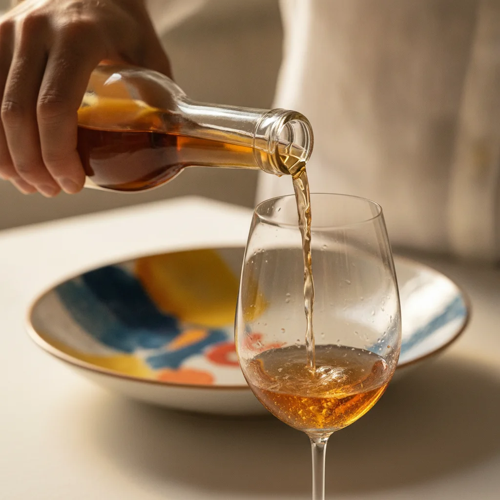 Hand pouring amber natural wine