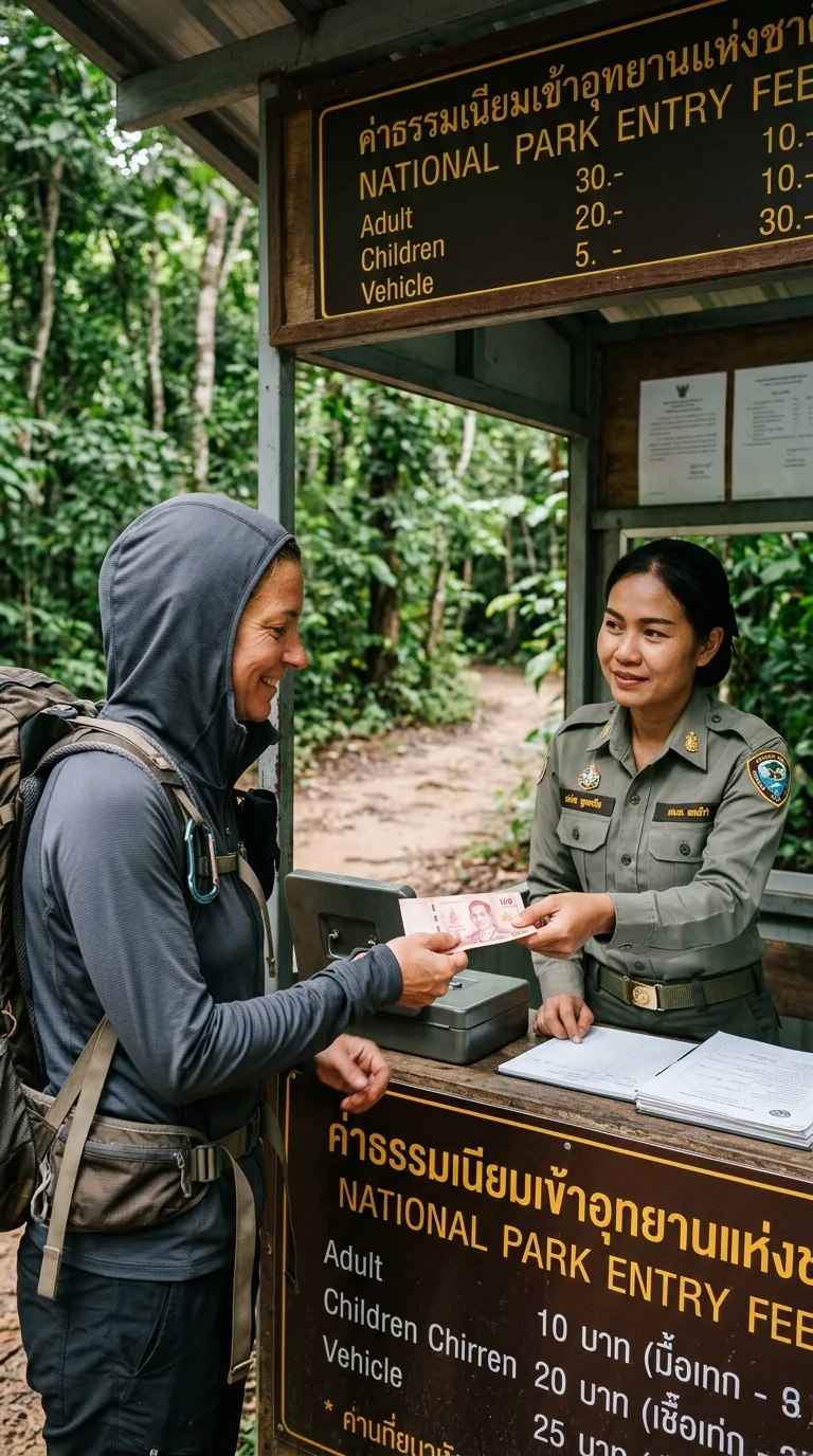 A hiker and a park ranger at a checkpoint exchange A hiker and a park ranger at a checkpoint exchange
