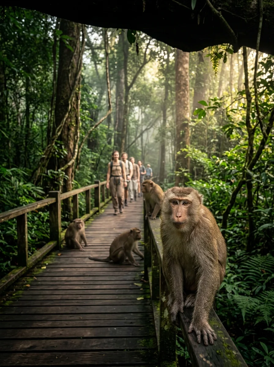 Weathered wooden boardwalk and Macaques Weathered wooden boardwalk and Macaques
