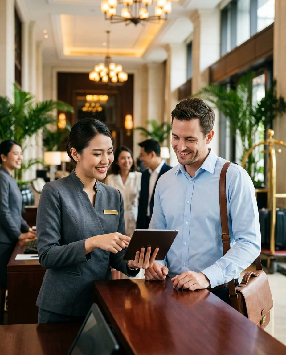 traveller and hotel receptionist traveller and hotel receptionist