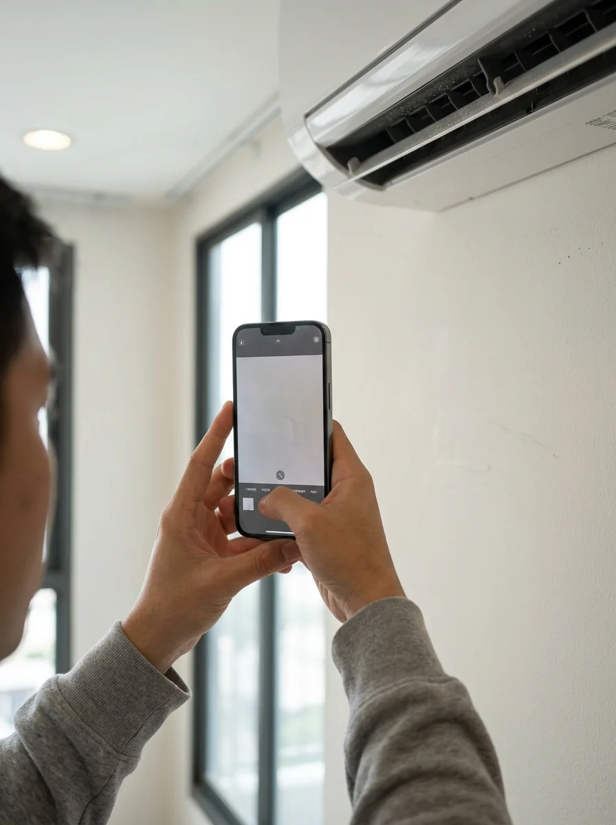 a tenant taking detailed photographs of a apartment air conditioning unit and wall scuffs using a smartphone a tenant taking detailed photographs of a apartment air conditioning unit and wall scuffs using a smartphone
