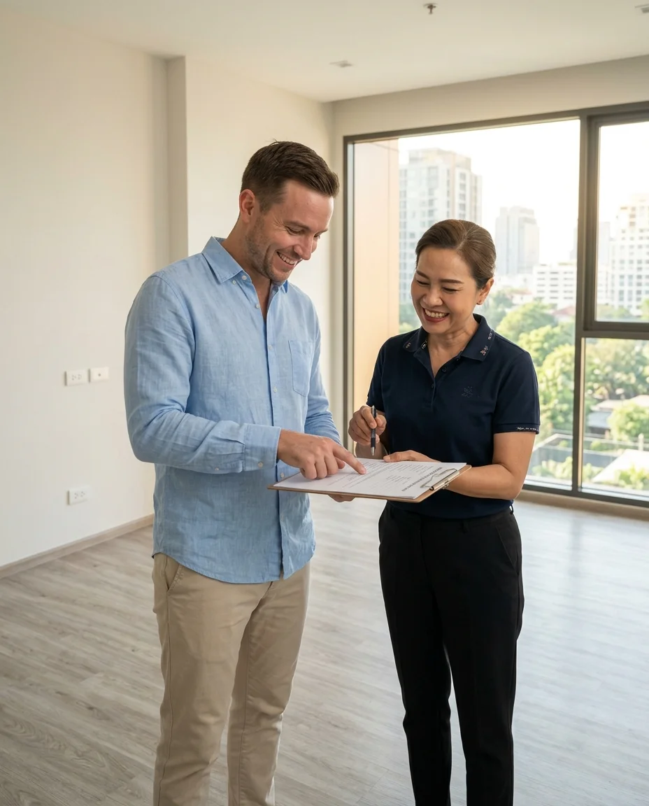 an expatriate tenant looking frustrated while reviewing a checkout inventory sheet with a Thai landlord in a bare apartment an expatriate tenant looking frustrated while reviewing a checkout inventory sheet with a Thai landlord in a bare apartment