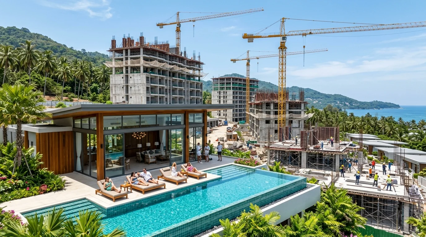 a wide shot of a apartment development under construction in Phuket with a completed clubhouse and pool area in the foreground a wide shot of a apartment development under construction in Phuket with a completed clubhouse and pool area in the foreground