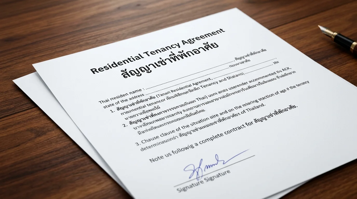 a standard Thai residential tenancy agreement document with both Thai and English text visible on a wooden desk a standard Thai residential tenancy agreement document with both Thai and English text visible on a wooden desk