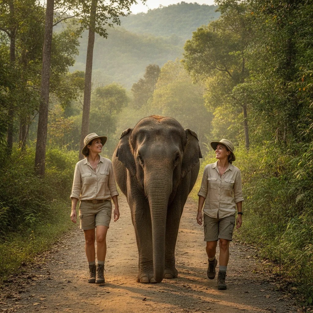 Rescued Asian Elephant (Elephas maximus) and visitors Rescued Asian Elephant (Elephas maximus) and visitors