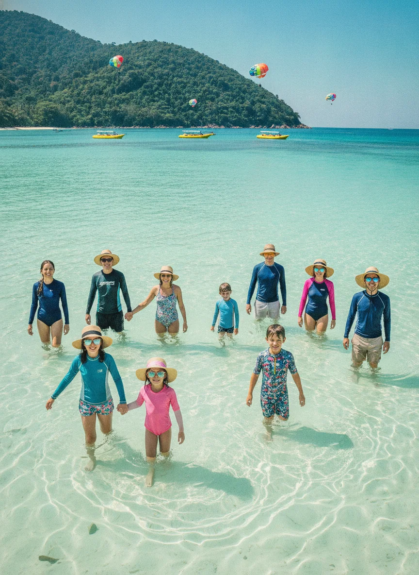 families wading in shallow tropical water