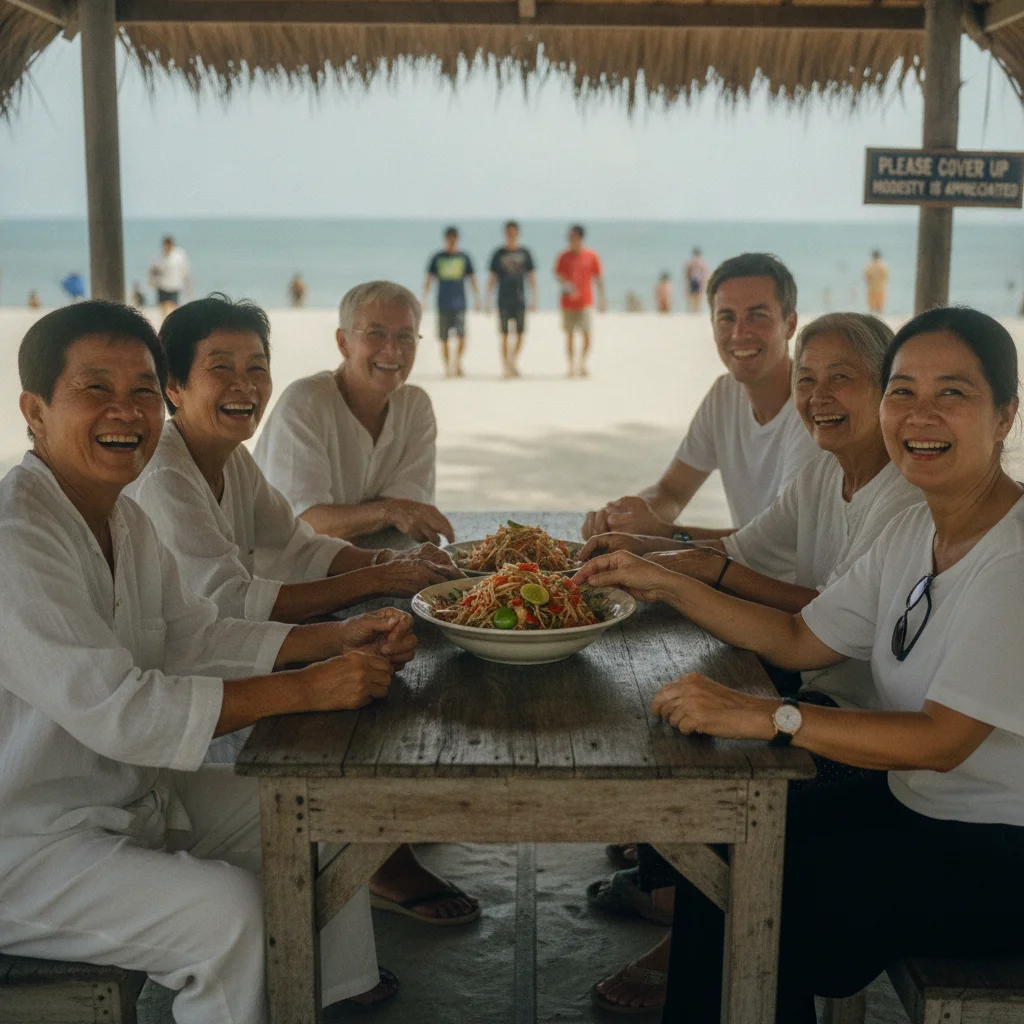 A shaded beachfront seating area in Jomtien. A group of local Thai elders and Western expats sit together at a low wooden table, sharing a large plate of papaya salad. A small sign nearby politely requests visitors to cover up when leaving the beach area, and beachgoers in the background are wearing light t-shirts over their swimwear.