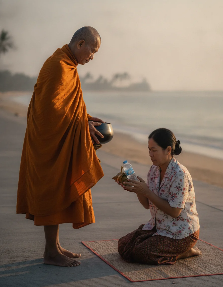 Early morning on Jomtien Beach road. A Buddhist monk in saffron robes walks barefoot along the pavement, holding an alms bowl. A local Thai restaurant owner kneels on a woven mat, placing small parcels of food and a bottle of water into the bowl, with the calm morning sea visible in the background.