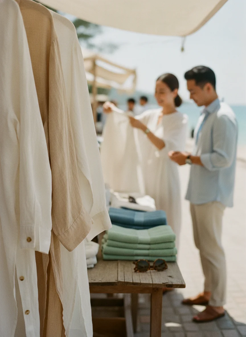 A close-up of light linen clothing hanging in a local market stall, with sun-drenched beach towels and sunglasses arranged neatly on a wooden table nearby.