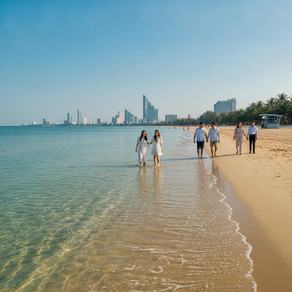 A clear morning on Jomtien Beach with blue skies stretching towards the horizon and the distant skyline of Pattaya visible without any haze or smog.