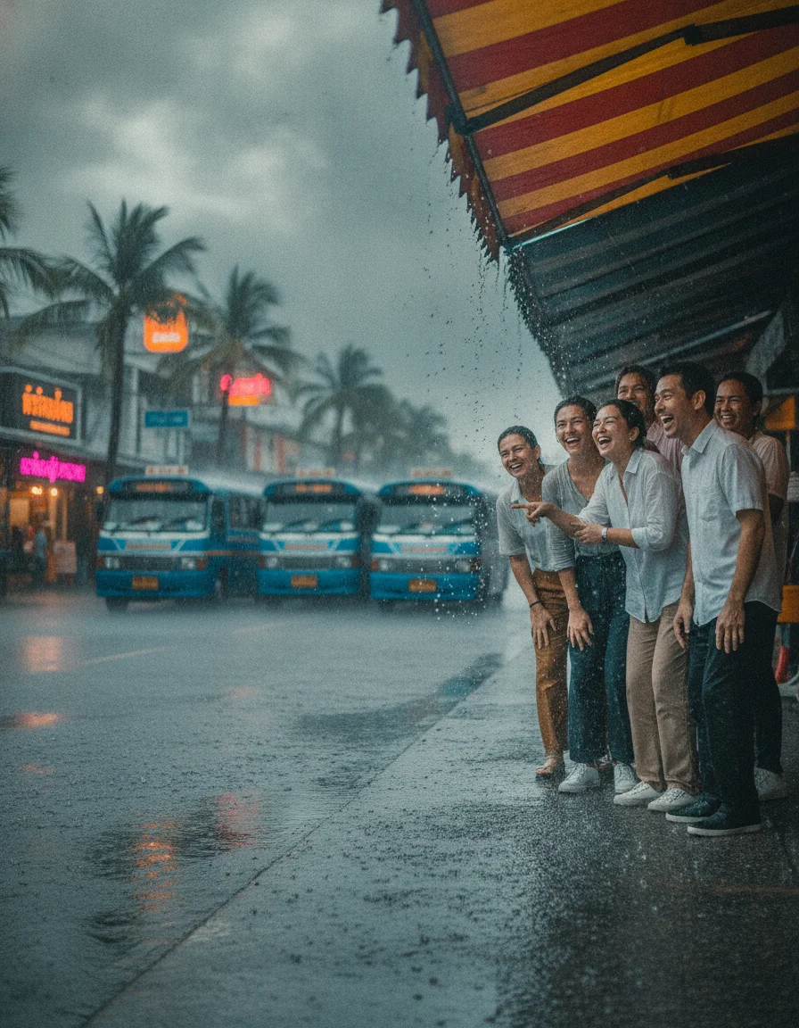 A sudden tropical downpour on Jomtien Beach Road, with water splashing off the tops of blue baht buses and pedestrians laughing as they huddle under a brightly colored shop awning.