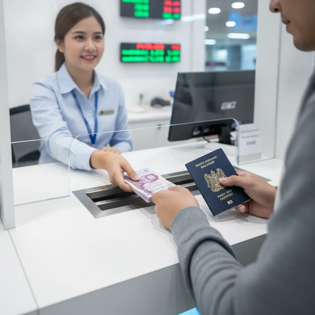 A brightly lit interior of a modern currency exchange booth, with a clerk behind glass handing over a stack of Thai Baht notes to a customer holding a British passport