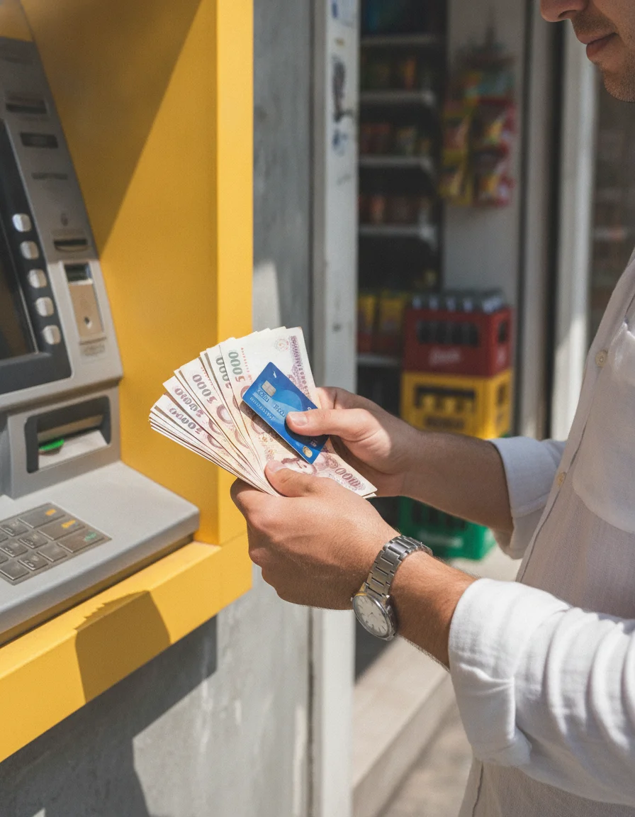 A yellow ATM machine built into a concrete wall next to a small convenience store, with a traveller holding a debit card and counting Thai Baht notes