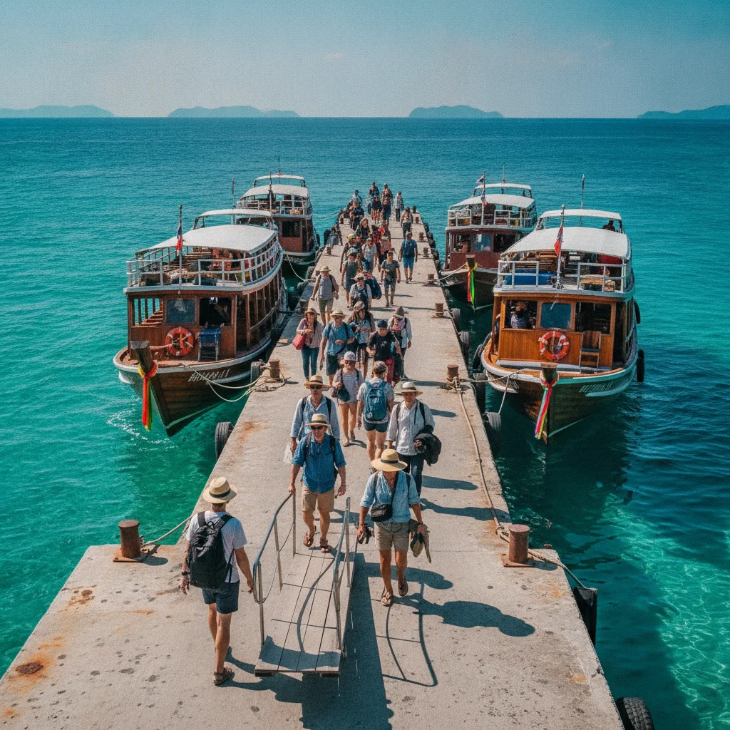 A busy concrete pier jutting into a turquoise sea, with several wooden double-decker ferries docked and passengers walking along the gangway with daypacks