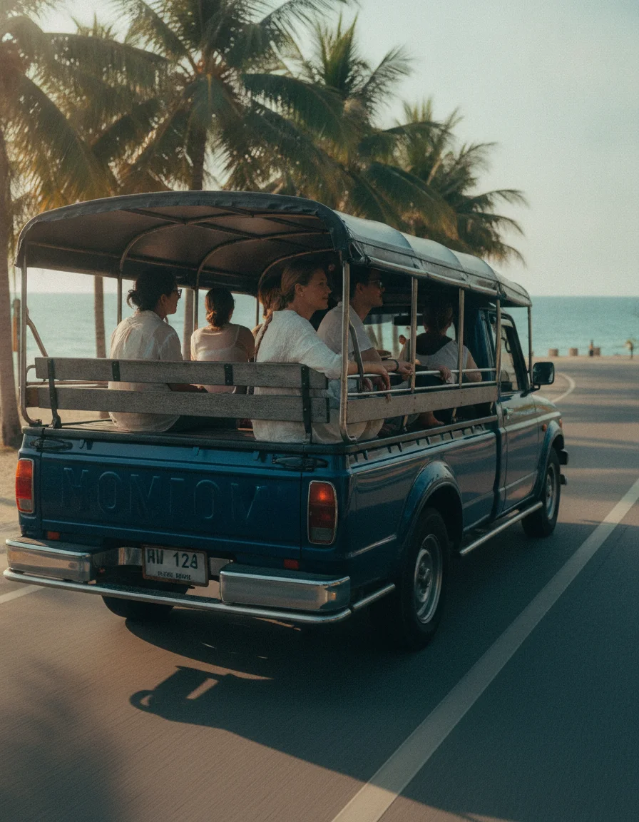 A dark blue songthaew pickup truck with bench seats in the back driving along a coastal road lined with palm trees, passengers sitting inside looking out at the sea