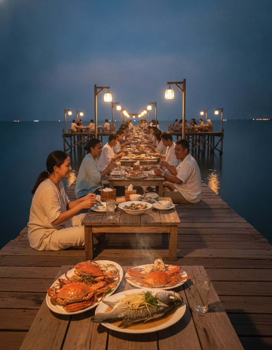 A rustic wooden pier restaurant extending over the calm Gulf waters at twilight, with low-slung tables illuminated by paper lanterns, where diners are enjoying steamed sea bass and blue swimmer crabs
