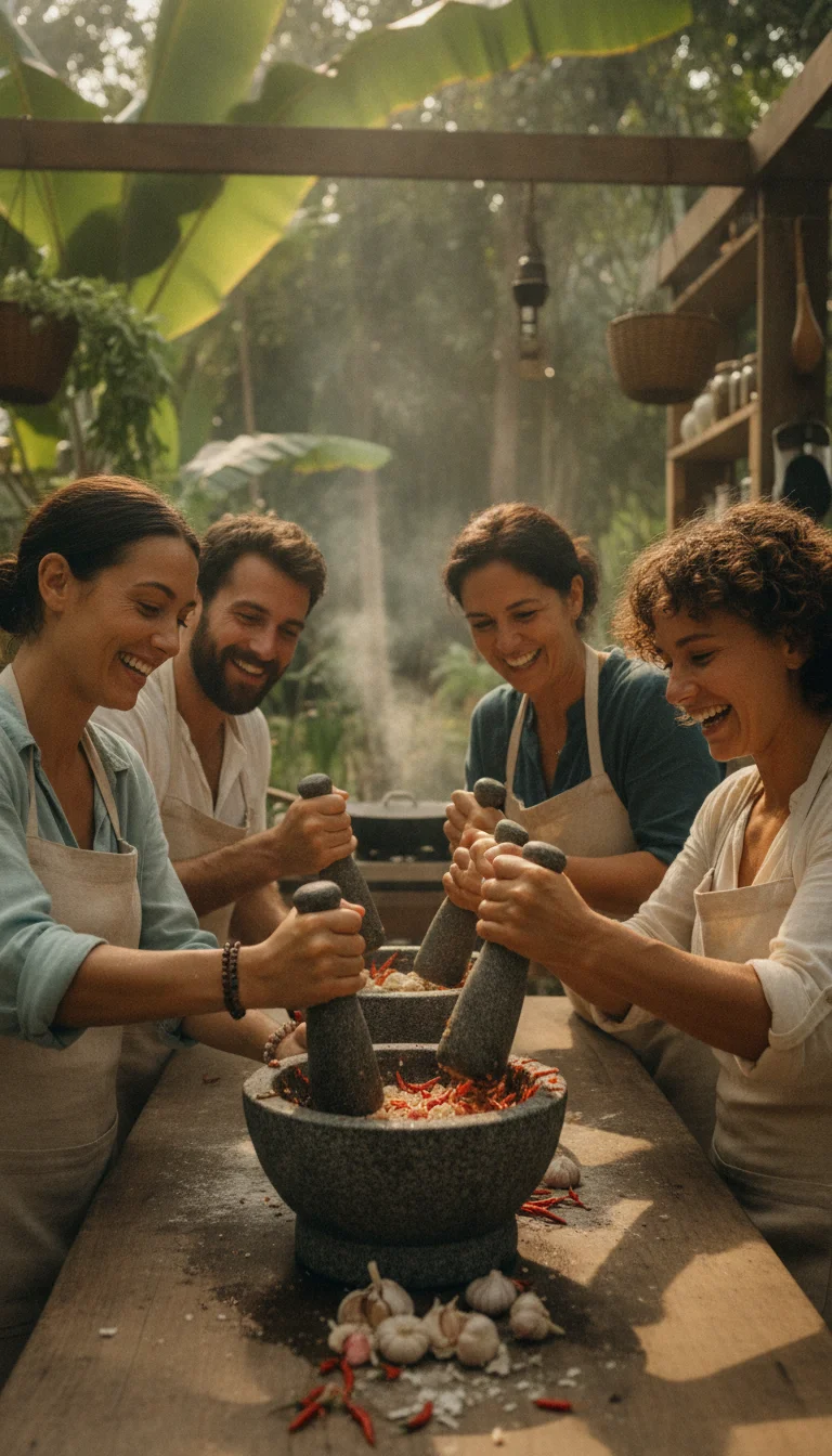 An intimate Thai cooking class set in an open-air garden kitchen, with small groups of travellers laughing as they crush garlic and bird's eye chillies in heavy stone mortars under the guidance of a local instructor