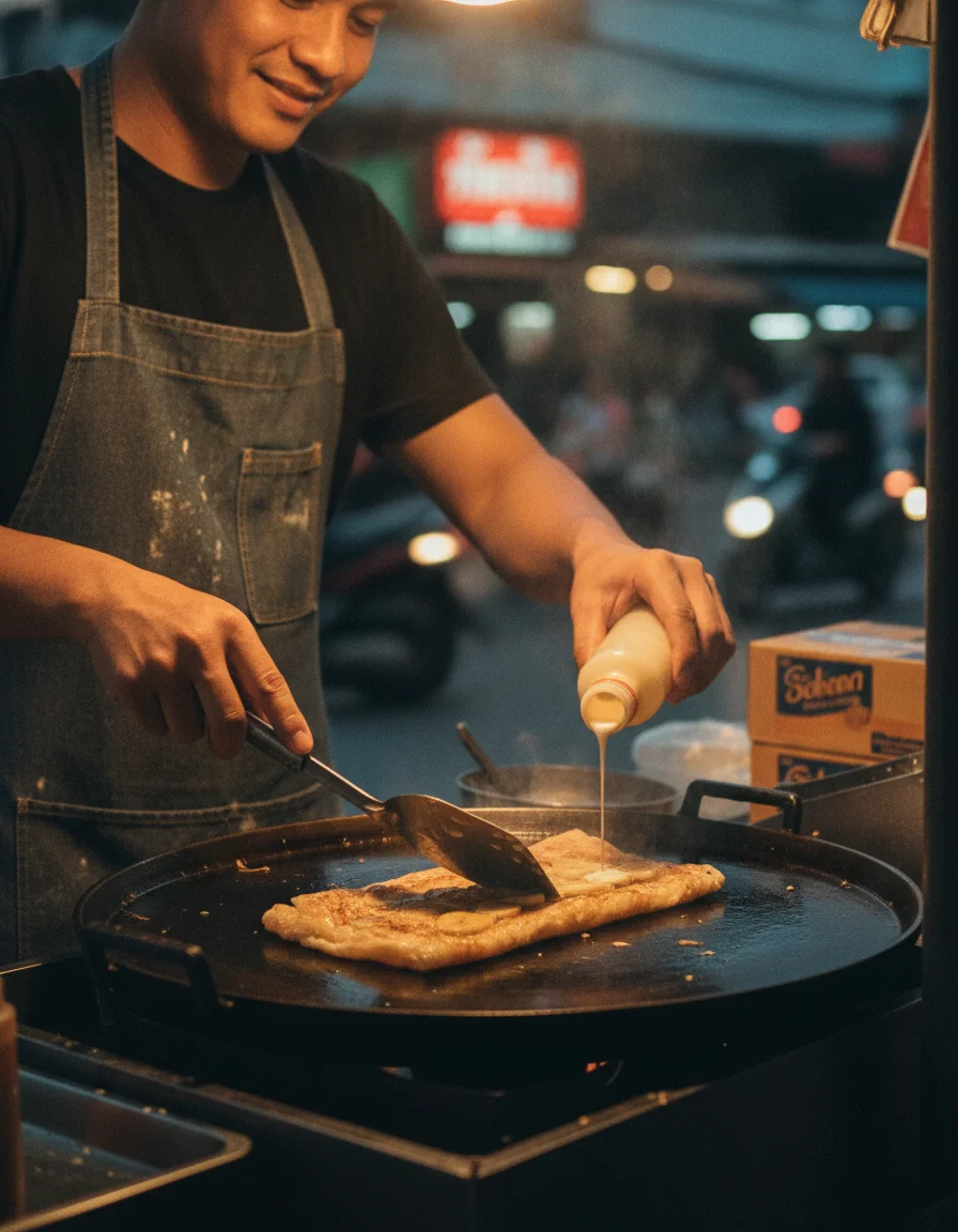 A street food vendor deftly flipping sweet banana rotis on a hot flat-top griddle at dusk, steam rising as condensed milk is drizzled over the crispy pastry, with the headlights of passing scooters blurred in the background