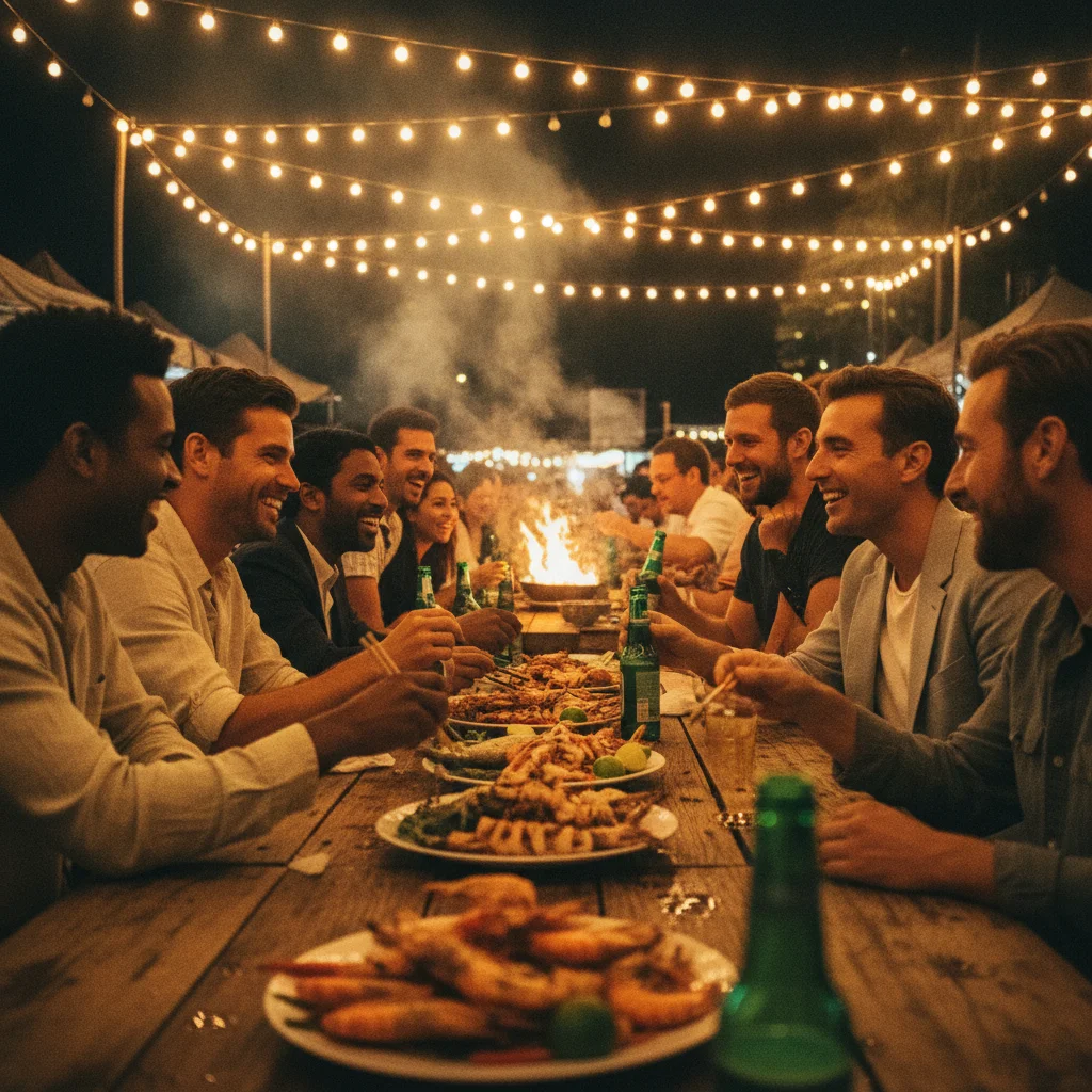 A bustling open-air night market under a canopy of string lights, filled with long communal wooden tables where locals and expats are drinking cold beer and sharing plates of grilled seafood, with steam rising from nearby woks