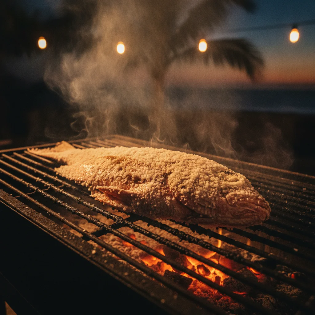 A whole red snapper coated in thick white sea salt, sizzling over a charcoal grill on a metal grate, surrounded by the warm glow of hanging market bulb lights and the evening sea breeze rustling the nearby palm leaves