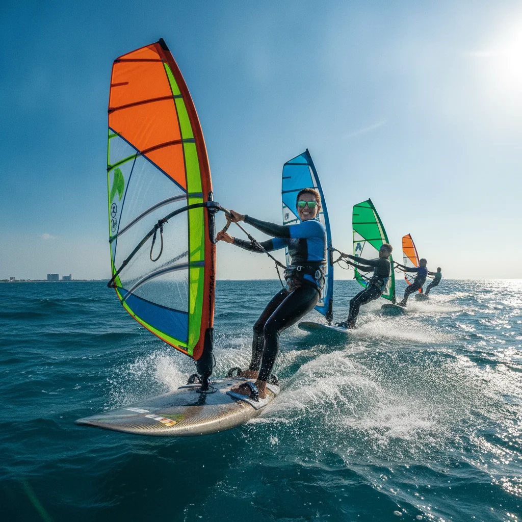 Windsurfers skimming across the choppy blue waters of Jomtien Beach, with small white waves cresting under a bright, sunny afternoon sky.
