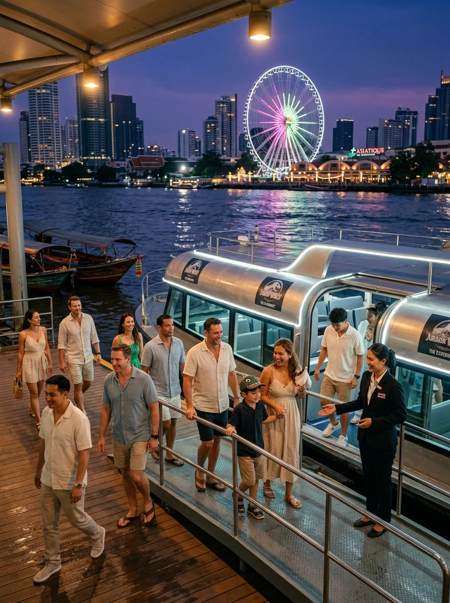 visitors boarding a river shuttle