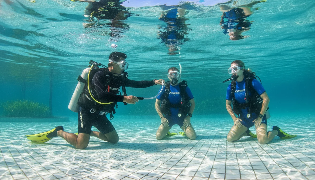 scuba dive instructor and two students scuba dive instructor and two students
