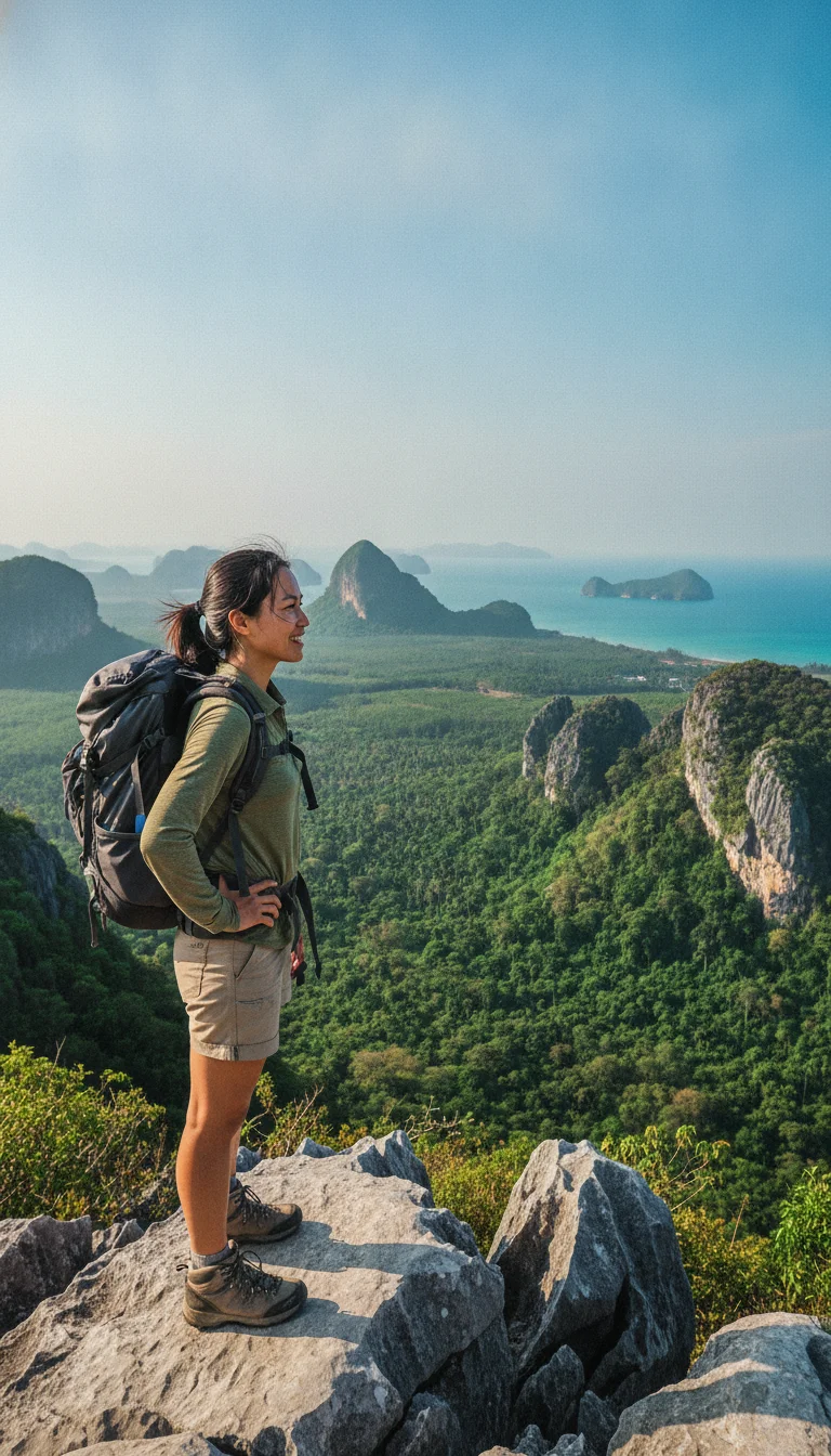 a practical or atmospheric scene at or near Khao Sam Roi Yot — a hiker pausing on a rocky trail overlook, looking out over the emerald green canopy towards the Gulf of Thailand under a clear sky