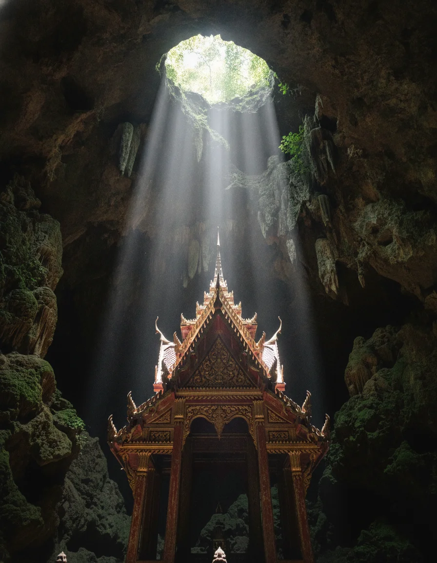 a detail shot of a standout feature, room, facility, or experience at Khao Sam Roi Yot — a close-up of the delicate, gold-and-red painted gables of the Kuha Karuhas Pavilion inside the Phraya Nakhon Cave, illuminated by a single natural spotlight from the collapsed cave ceiling above