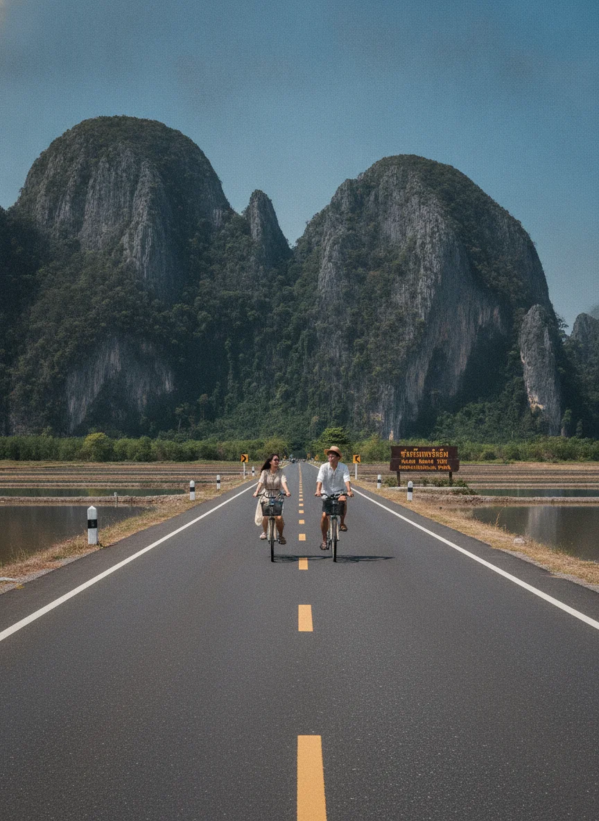 the approach, entrance, or surrounding area of Khao Sam Roi Yot — the quiet tarmac two-lane road leading into the national park, flanked on both sides by flat shrimp ponds and towering grey limestone peaks under a bright sky