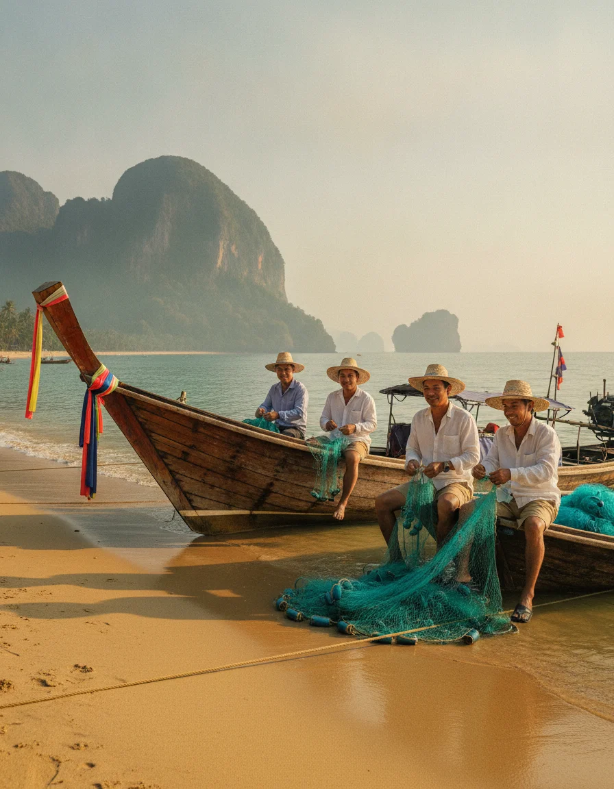 atmospheric shot showing the best feature or experience at Khao Sam Roi Yot — a traditional wooden longtail boat moored on the sandy shoreline of Bang Pu beach, with local fishermen tending to their colourful nets and the steep limestone headlands framing the calm sea