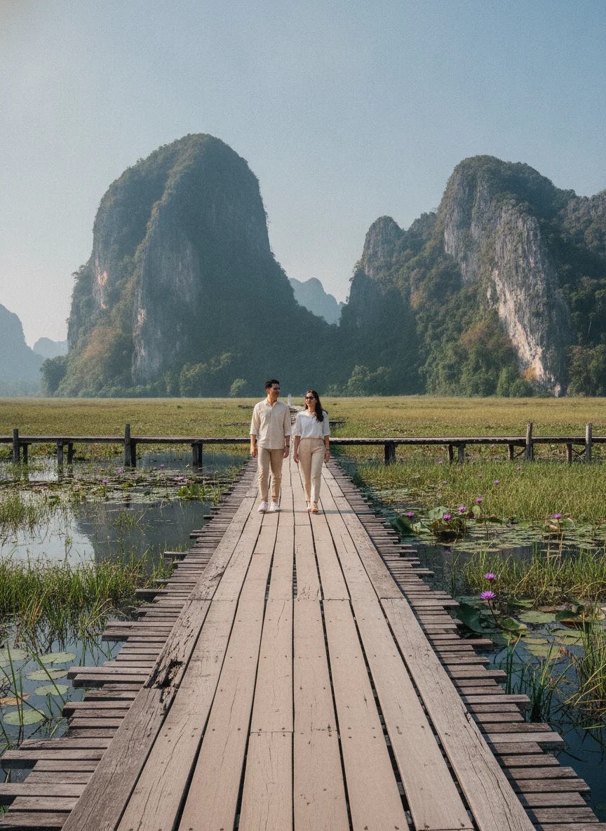 an interior or experiential shot showing the reality of this section's subject at Khao Sam Roi Yot — a perspective looking down the wooden boardwalk at Thung Sam Roi Yot, showing the weathered brown planks stretching over green marsh reeds and purple lotus flowers, with the massive grey limestone cliffs rising in the background under a pale blue sky