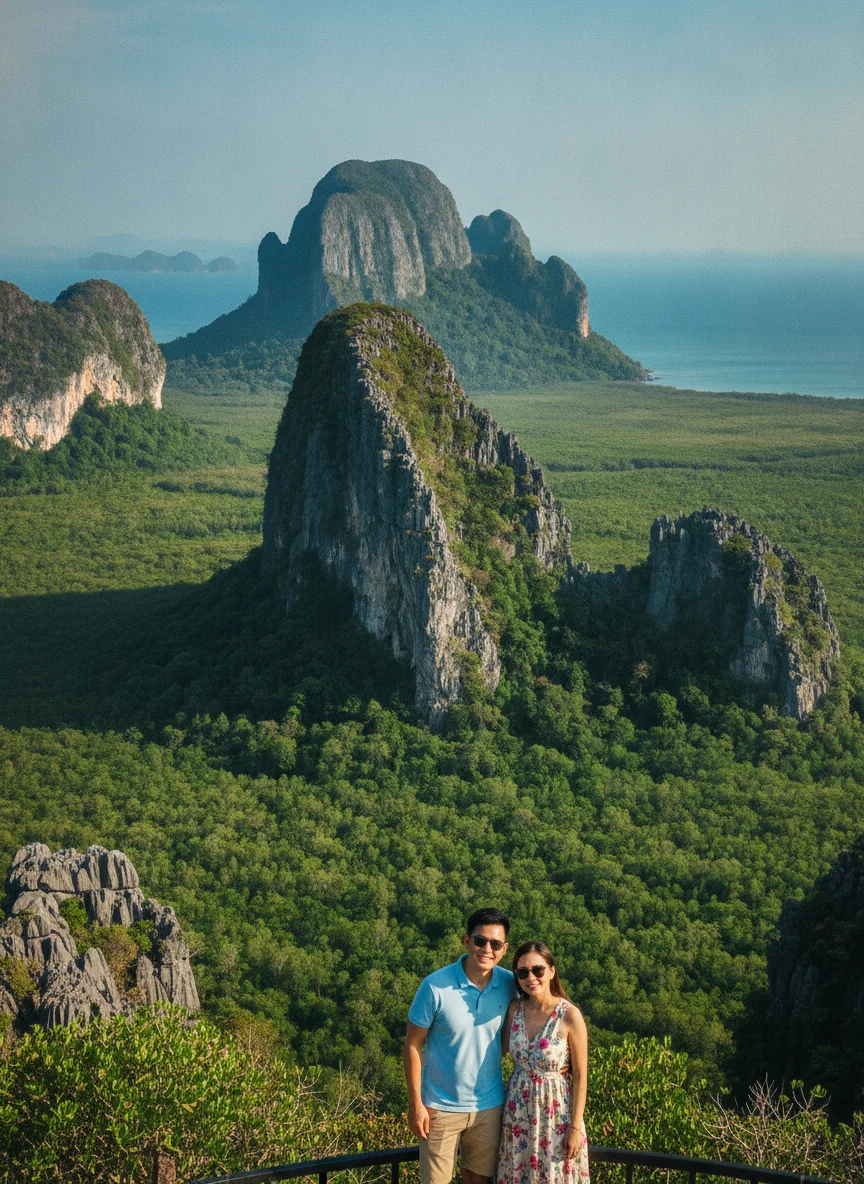 specific exterior or establishing shot of Khao Sam Roi Yot at Prachuap Khiri Khan — a panoramic view of the grey limestone peaks rising sharply from the green coastal plains, with the blue waters of the Gulf of Thailand visible in the background and a fringe of dark green mangrove forest along the shoreline