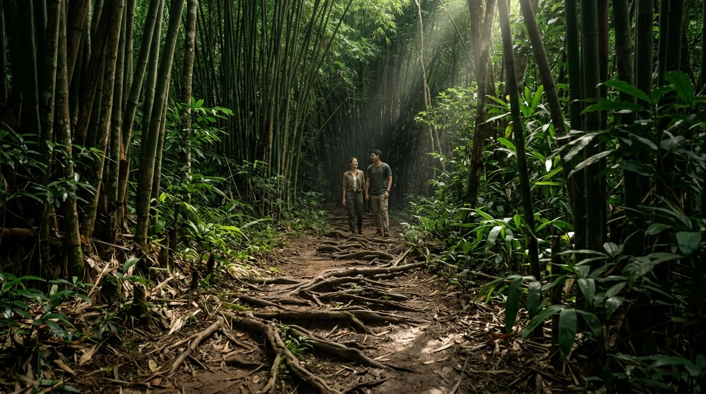 narrow dirt trail through bamboo forest narrow dirt trail through bamboo forest