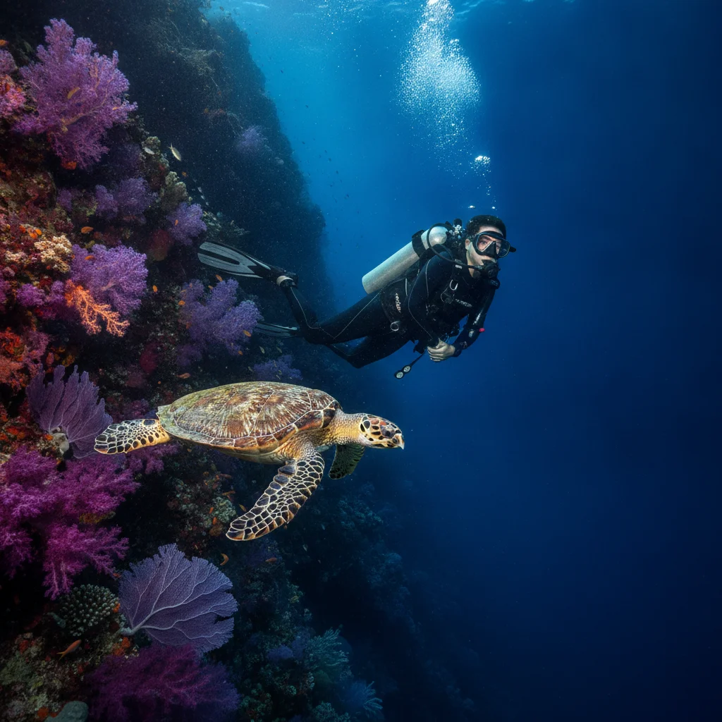 Scuba diver and Hawksbill turtle Scuba diver and Hawksbill turtle